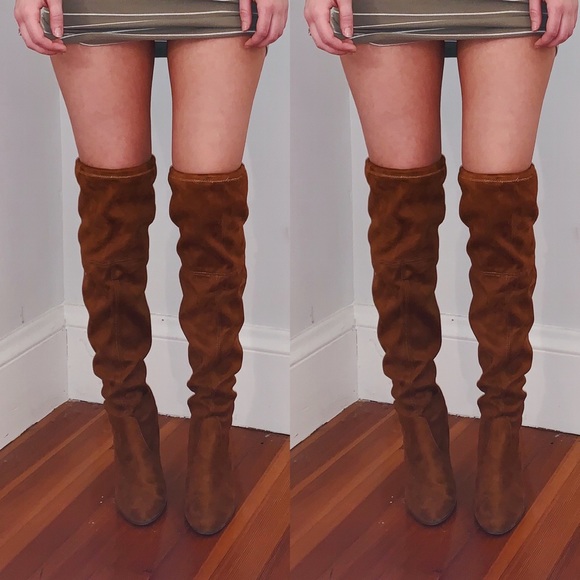 Shoes - Thigh High Brown Suede Heeled Boot